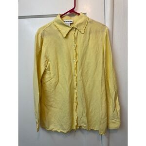 Joan Leslie Yellow Linen Rayon Scalloped Edge Button Front Blouse Womens Medium